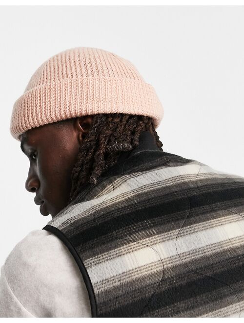 ASOS DESIGN lambswool mini fisherman ribbed beanie in dusty rose