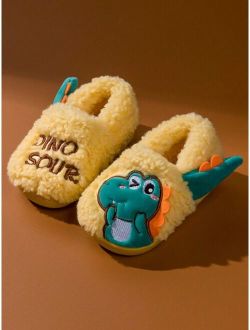 Shein Boys' Cute Dinosaur Slippers, Winter Cartoon Breathable Home Shoes, Yellow Package-heel Kids' Slippers