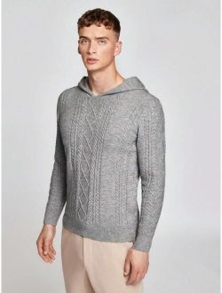 Men Solid Hooded Cable Knit Sweater