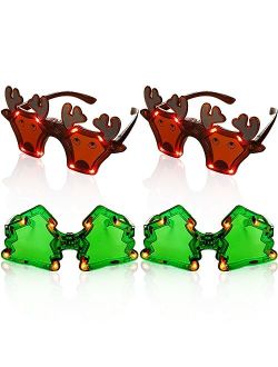 Wettarn 4 Pcs Christmas Tree and Reindeer Light up Flashing Sunglasses, LED Flashing Glasses, Glitter Christmas Sunglasses for Adult Teenager Party Supplies -3 Lights Set