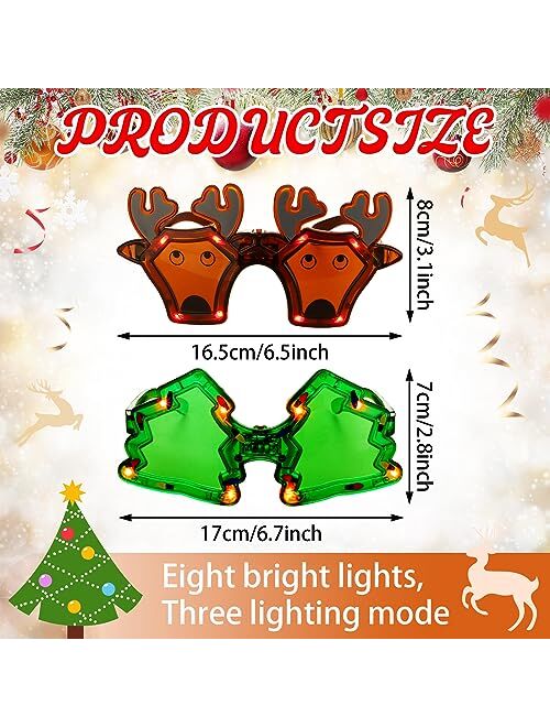 Wettarn 4 Pcs Christmas Tree and Reindeer Light up Flashing Sunglasses, LED Flashing Glasses, Glitter Christmas Sunglasses for Adult Teenager Party Supplies -3 Lights Set