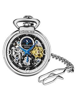 Original Stuhrling Orignal Mens Automatic Pocket Watch Skeleton Dial Mechanical Movement with and Stainless Steel Chain -Dual Time AM/PM Sun Moon Subdial