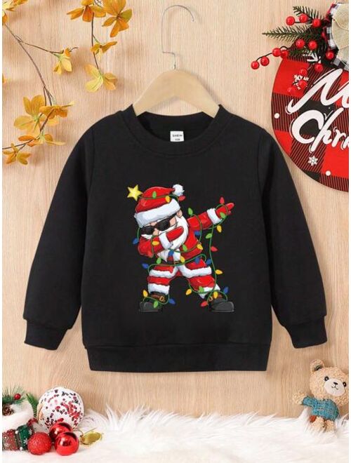 Shein Young Boy Funny Christmas Santa Claus Pattern Printed Fleece Crewneck Sweatshirt For Autumn/winter