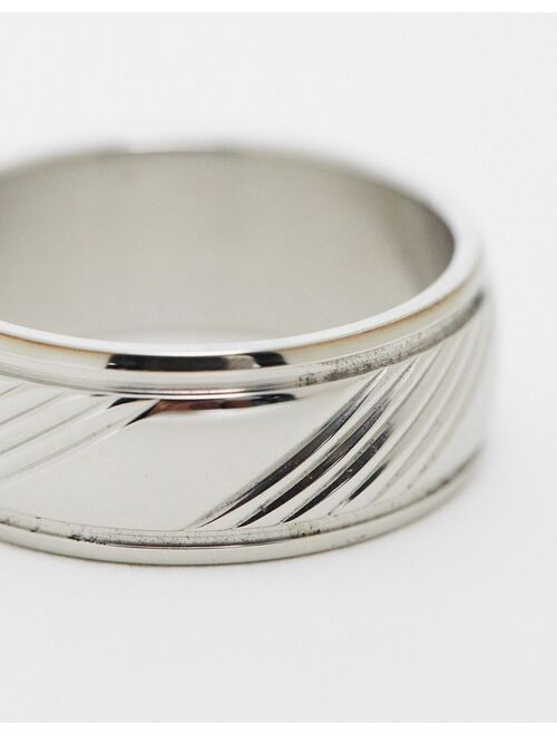 ASOS DESIGN waterproof stainless steel band ring with horizontal embossed design in silver tone