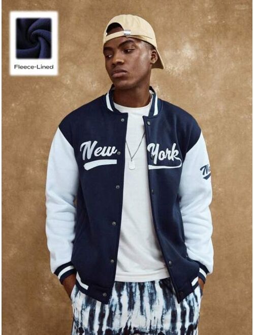 Shein ROMWE Prep Guys Letter Embroidery Colorblock Button Front Varsity Jacket
