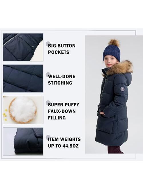 maoo garden Girls Puffer Winter Coat Faux-Down Heavyweight Snow Parka Fuzzy Fur Lining Hood Water-Resistant Long Jacket