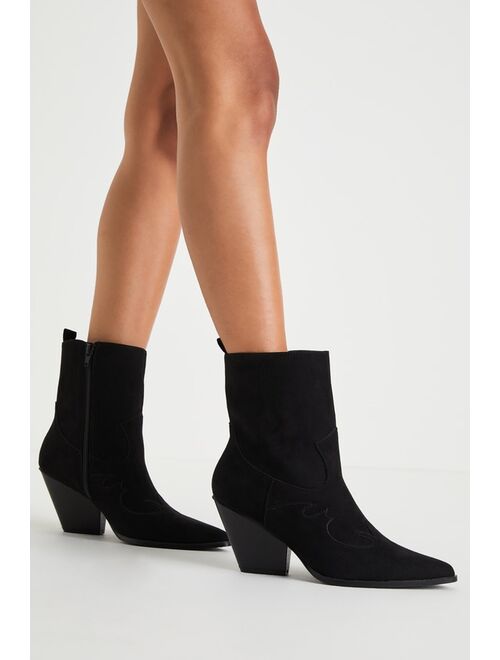 Lulus Teeley Black Suede Pointed-Toe Mid-Calf Western Boots