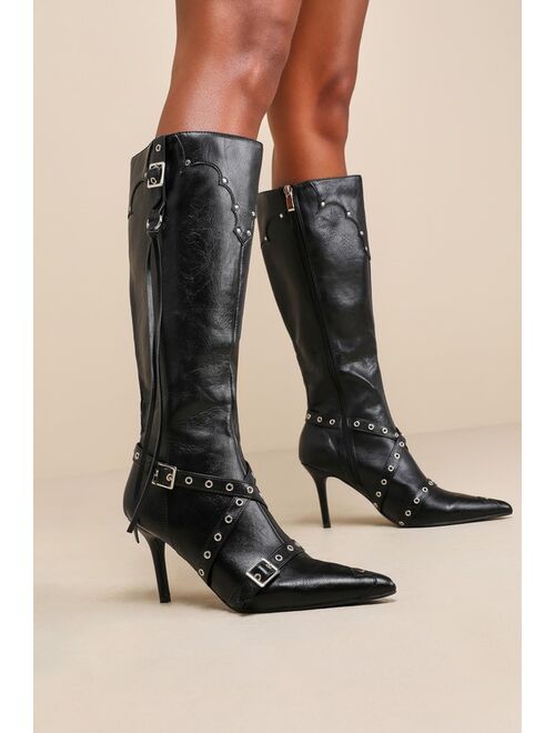 Lulus Bertruda Black Buckle Pointed-Toe Knee High Boots