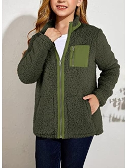 Heysolo Girls Sherpa Fleece Jacket Zip Up Winter Coats Long Sleeve For 5-14Y With Pockets