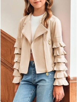 rrhss Girls Tiered Sleeve Diagonal Zipper Faux Leather Jackets Kids Fashion Outwear Coats with Pockets 5-14 Years