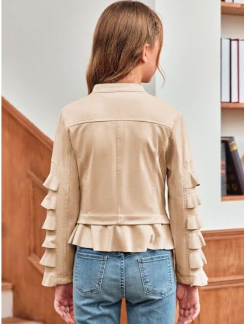 rrhss Girls Tiered Sleeve Diagonal Zipper Faux Leather Jackets Kids Fashion Outwear Coats with Pockets 5-14 Years