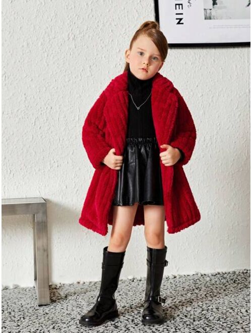 SHEIN Young Girl Lapel Neck Teddy Coat & Hat