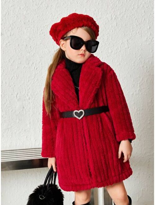 SHEIN Young Girl Lapel Neck Teddy Coat & Hat