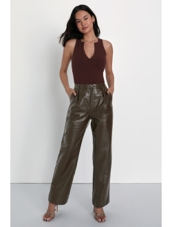 Check Your Vibe Dark Brown Vegan Leather High Rise Pant