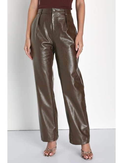 Lulus Check Your Vibe Dark Brown Vegan Leather High Rise Pant
