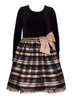 Big Girls Long Sleeve Velvet Bodice with Jacquard Striped Skirt Dress