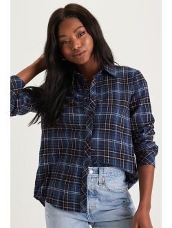 All About Fall Dark Blue Plaid Long Sleeve Button-Up Top