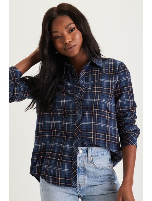 Lulus All About Fall Dark Blue Plaid Long Sleeve Button-Up Top