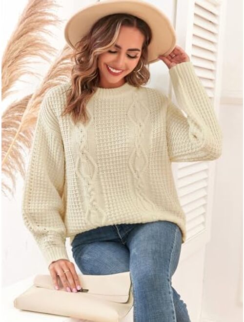 ZAFUL 2023 Womens Winter Sweater Oversized Crewneck Cable Knit Sweater Chunky Long Sleeve Waffle Knit Loose Pullover Jumper