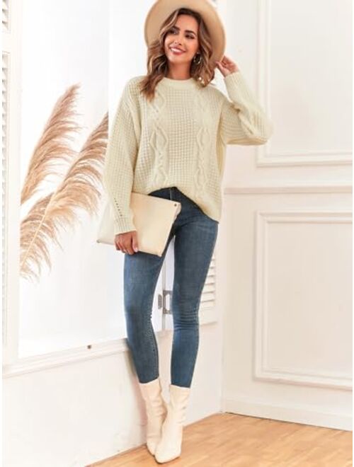 ZAFUL 2023 Womens Winter Sweater Oversized Crewneck Cable Knit Sweater Chunky Long Sleeve Waffle Knit Loose Pullover Jumper
