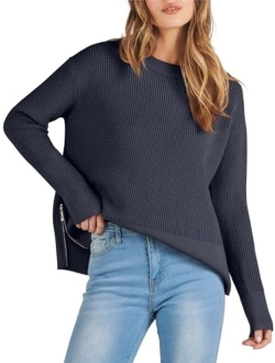 Womens Cropped Waffle Knit Sweater 2023 Fall Crewneck Long Sleeve Casual Side Zipper Pullover Jumper with Thumbholes