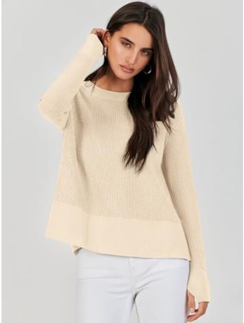 ANRABESS Womens Cropped Waffle Knit Sweater 2023 Fall Crewneck Long Sleeve Casual Side Zipper Pullover Jumper with Thumbholes