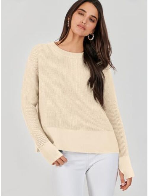 ANRABESS Womens Cropped Waffle Knit Sweater 2023 Fall Crewneck Long Sleeve Casual Side Zipper Pullover Jumper with Thumbholes