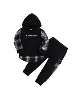 Yoxindax Toddler Boy Clothes Plaid Letter Graphic Hoodie Flap Pocket Sweatpants Fall Winter Outfit Set