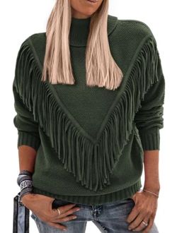 Women's 2023 Fall Knit Pullover Sweaters Long Sleeve Turtleneck Fringe Jumper Tops Blouse
