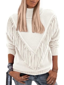 Women's 2023 Fall Knit Pullover Sweaters Long Sleeve Turtleneck Fringe Jumper Tops Blouse