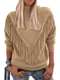 Women's 2023 Fall Knit Pullover Sweaters Long Sleeve Turtleneck Fringe Jumper Tops Blouse
