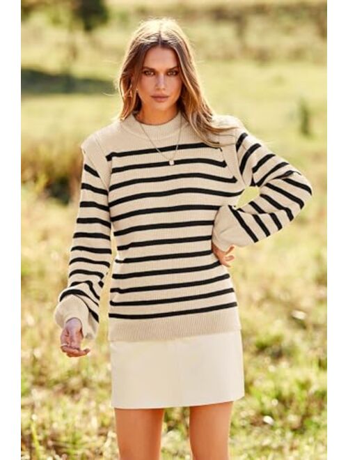 PRETTYGARDEN Women's Sweaters Casual Long Lantern Sleeve Crewneck Ribbed Knit Pullover Striped Jumper Tops Blouse