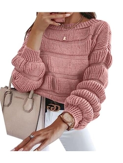 Women's 2023 Fall Sweaters Casual Crew Neck Pullover Long Puff Sleeve Loose Plain Chunky Knit Cute Blouse Tops