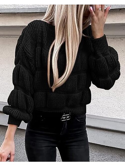 PRETTYGARDEN Women's 2023 Fall Sweaters Casual Crew Neck Pullover Long Puff Sleeve Loose Plain Chunky Knit Cute Blouse Tops