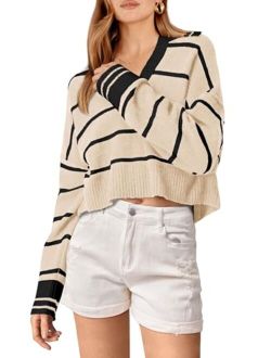 Women's Pullover Striped Sweaters Casual Lapel V Neck Long Sleeve Ribbed Knit Loose Jumper Top