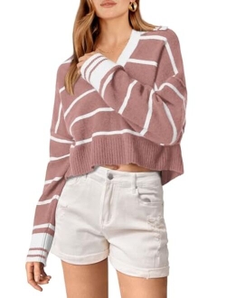 Women's Pullover Striped Sweaters Casual Lapel V Neck Long Sleeve Ribbed Knit Loose Jumper Top