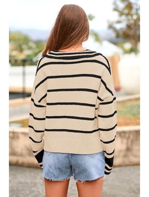PRETTYGARDEN Women's Pullover Striped Sweaters Casual Lapel V Neck Long Sleeve Ribbed Knit Loose Jumper Top