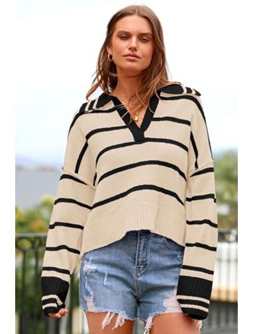 PRETTYGARDEN Women's Pullover Striped Sweaters Casual Lapel V Neck Long Sleeve Ribbed Knit Loose Jumper Top