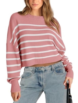 Women's Fall Cropped Striped Sweaters Casual Long Sleeve Crewneck Pullover Oversized Winter Tops Jumper
