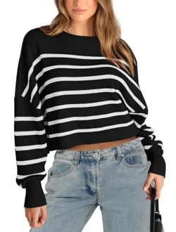 Women's Fall Cropped Striped Sweaters Casual Long Sleeve Crewneck Pullover Oversized Winter Tops Jumper