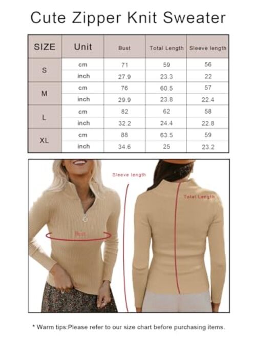 PRETTYGARDEN Fall Quarter Zip Pullover Sweaters for Women 2023 Long Sleeve Collared Fitted Ribbed Knit Tops