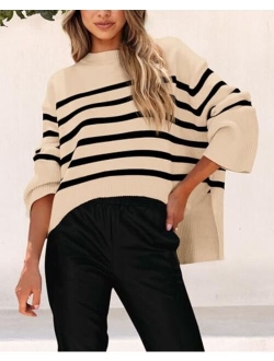 Women's 2023 Fall Striped Sweater Oversized Long Sleeve Crew Neck Side Slit Casual Trendy Knit Pullover Sweaters
