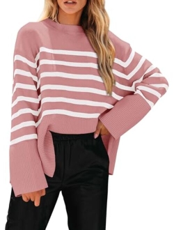 Women's 2023 Fall Striped Sweater Oversized Long Sleeve Crew Neck Side Slit Casual Trendy Knit Pullover Sweaters