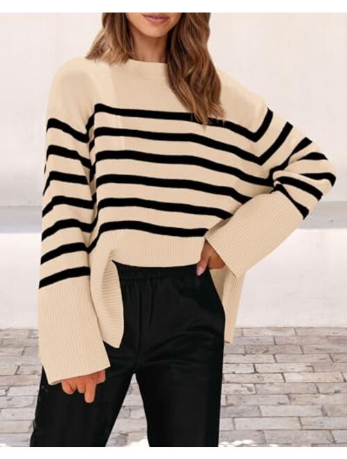 PRETTYGARDEN Women's 2023 Fall Striped Sweater Oversized Long Sleeve Crew Neck Side Slit Casual Trendy Knit Pullover Sweaters