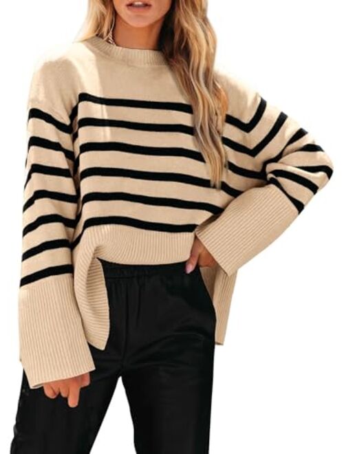 PRETTYGARDEN Women's 2023 Fall Striped Sweater Oversized Long Sleeve Crew Neck Side Slit Casual Trendy Knit Pullover Sweaters