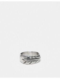 waterproof stainless steel band ring with feather design in silver tone