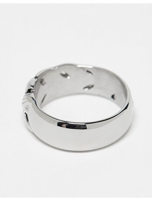 ASOS DESIGN waterproof stainless steel band ring with feather design in silver tone