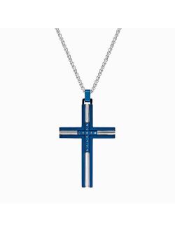 Men's Blue Ion-Plated Stainless Steel Cross Pendant Necklace with Blue Diamond Accents