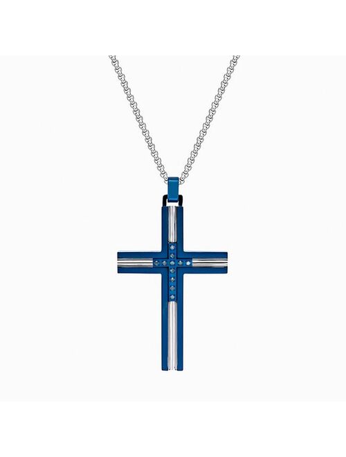 LYNX Men's Blue Ion-Plated Stainless Steel Cross Pendant Necklace with Blue Diamond Accents