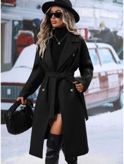 SHEIN Frenchy Lapel Neck Double Breasted Belted Overcoat